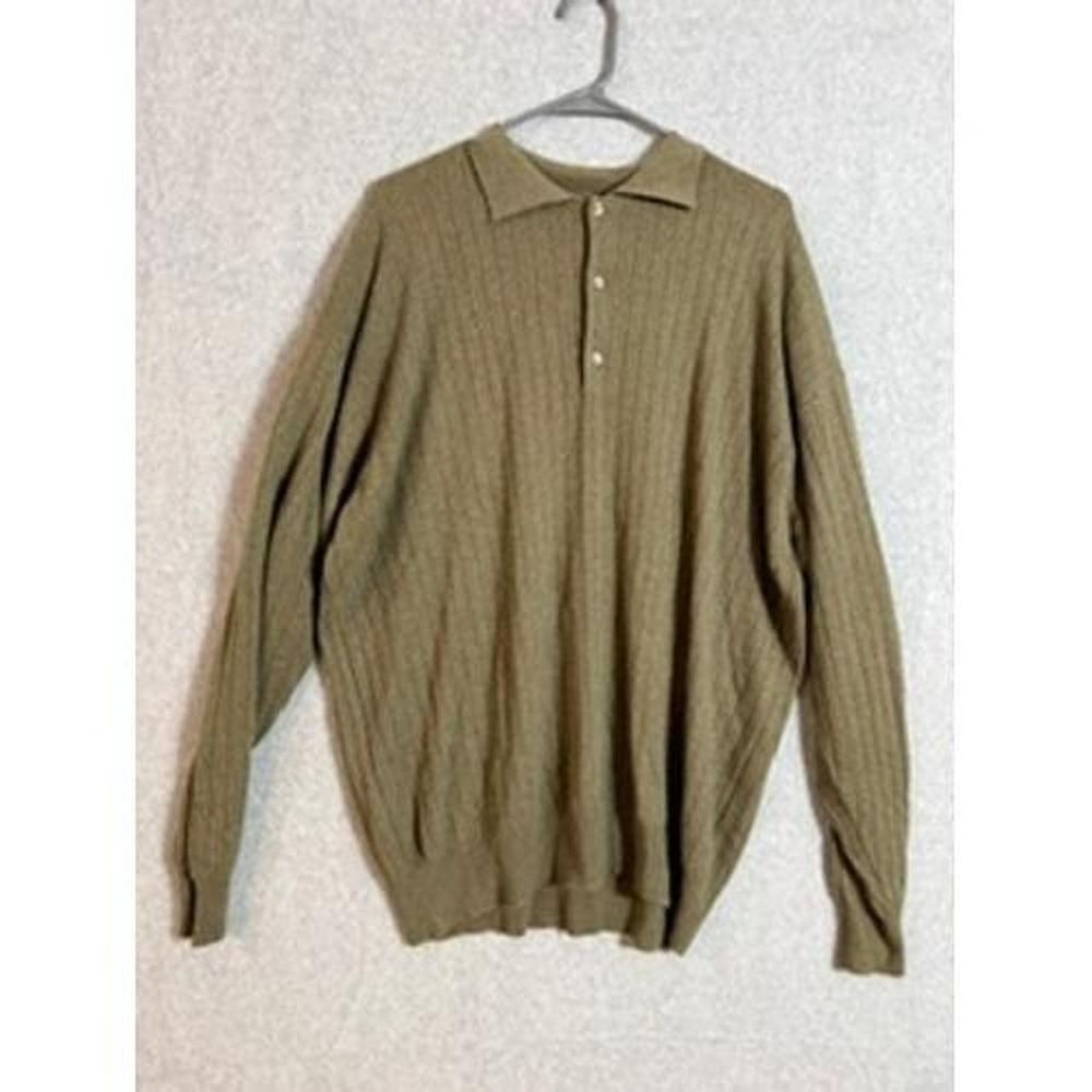 Johnston & Murphy Mens XL Olive Green 100% 2 Ply Cashmere Ribbed Polo Sweater